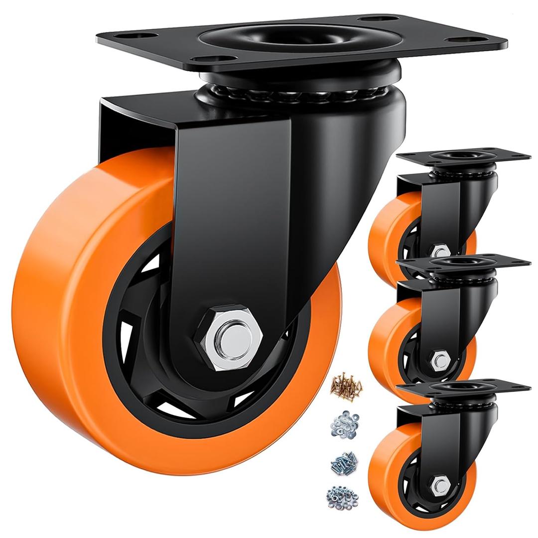 3 Inch Caster Wheels, Casters Set of 4 Heavy Duty, Orange Polyurethane (PU) Casters, Industrial Swivel Top Plate Castor Wheels for Workbench/Furniture/Cart (Pack of 4)