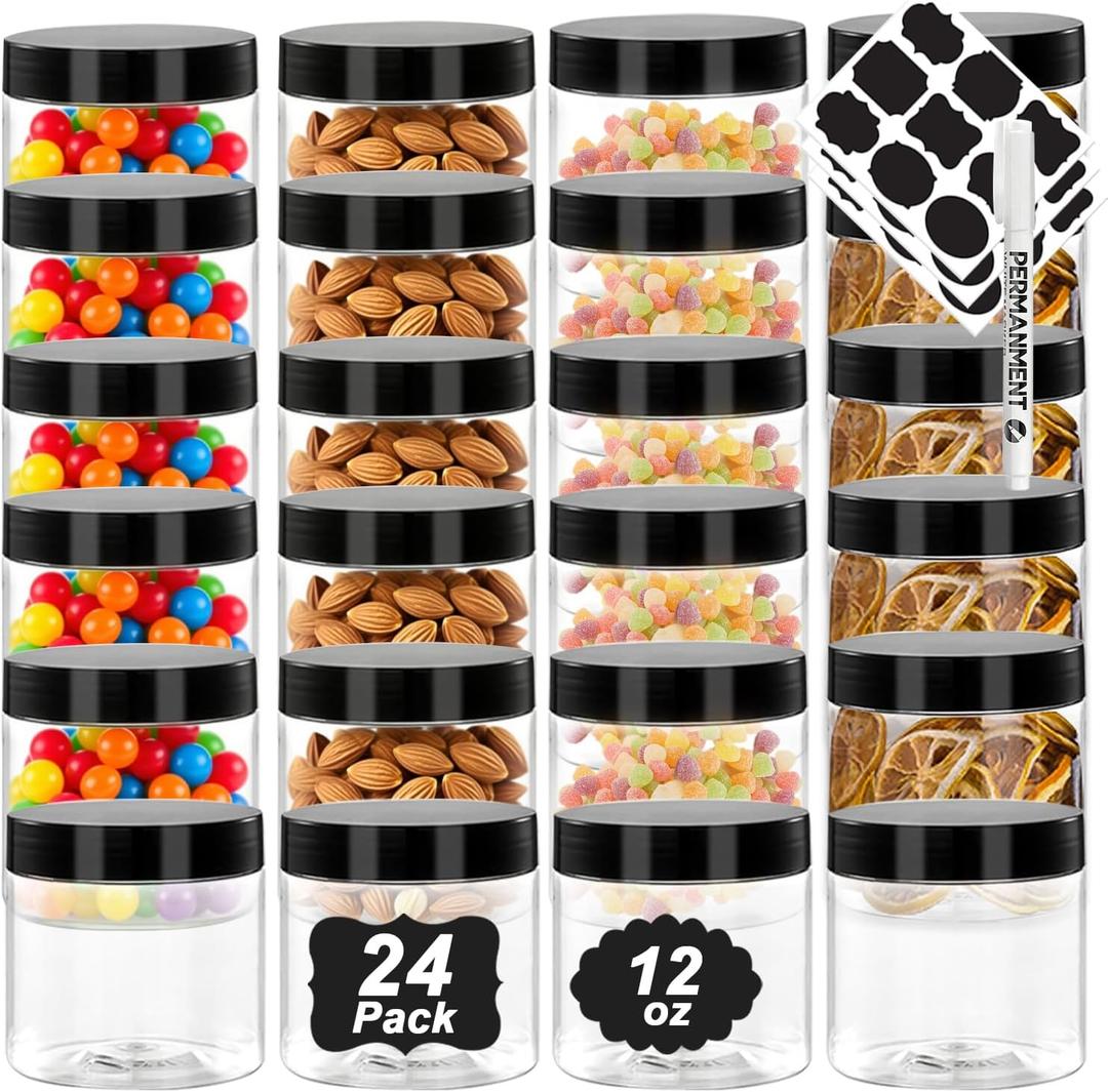 12oz Plastic Jars with Black Lids, 24 Pack Clear PET Jars Containers with Airtight Lids, Leakproof Round Plastic Storage Jar with Pen & Labels for Dry Food Storage, Candy, Crafts
