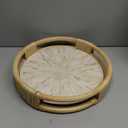 PEMAR 15" Round Serving Tray Mother of Pearl with Natural Rattan Handle Boho Decorative Wicker Basket Tray for Breakfast, Dinner, Coffee Table Decor (White Cream Sunlight)