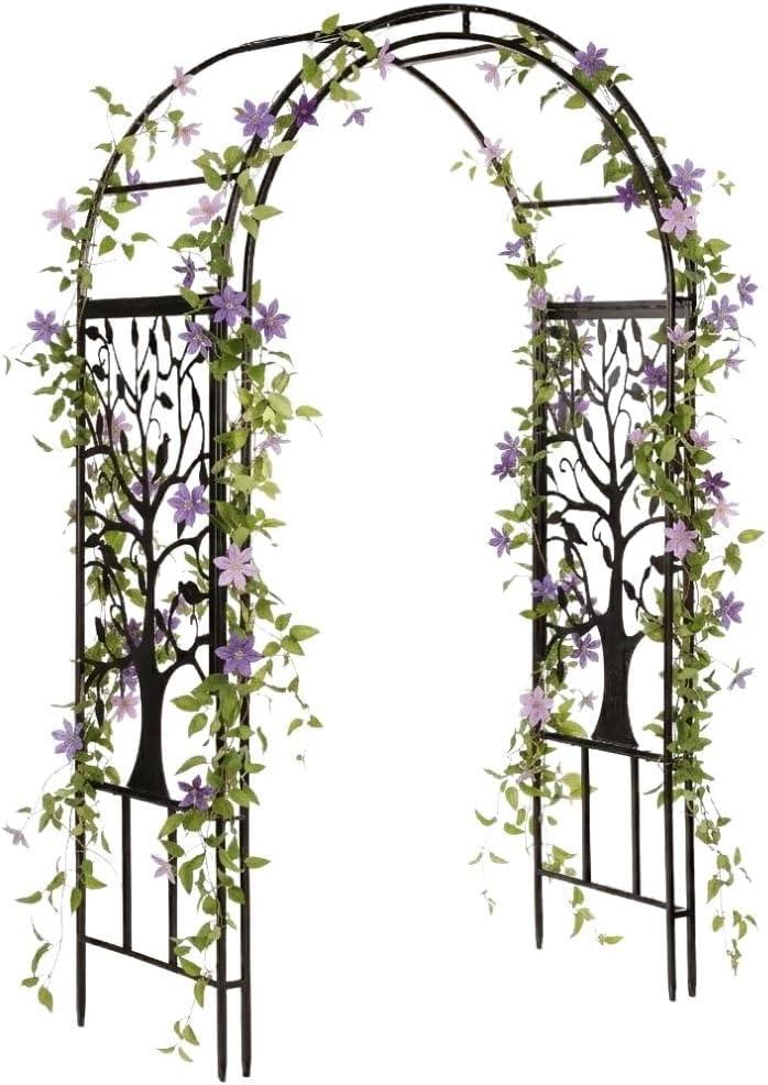 Plow & Hearth Metal Garden Arch Trellis Arbor Tree of Life Panels, 7 feet Freestanding Outdoor Arch Trellis for Climbing Plants, Pathway Entry and Wedding Garden Decor