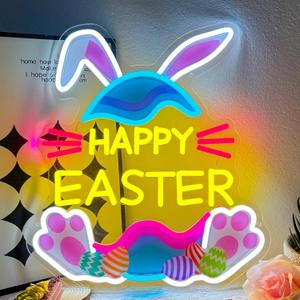 Easter Neon Sign 14.8"x13.2"Bunny Eggs Neon Light with Rabbit Ears and Paws for Wall Decor USB Dimmable Easter Present for Home Bedroom Kids Room Window Holiday Party Decoration