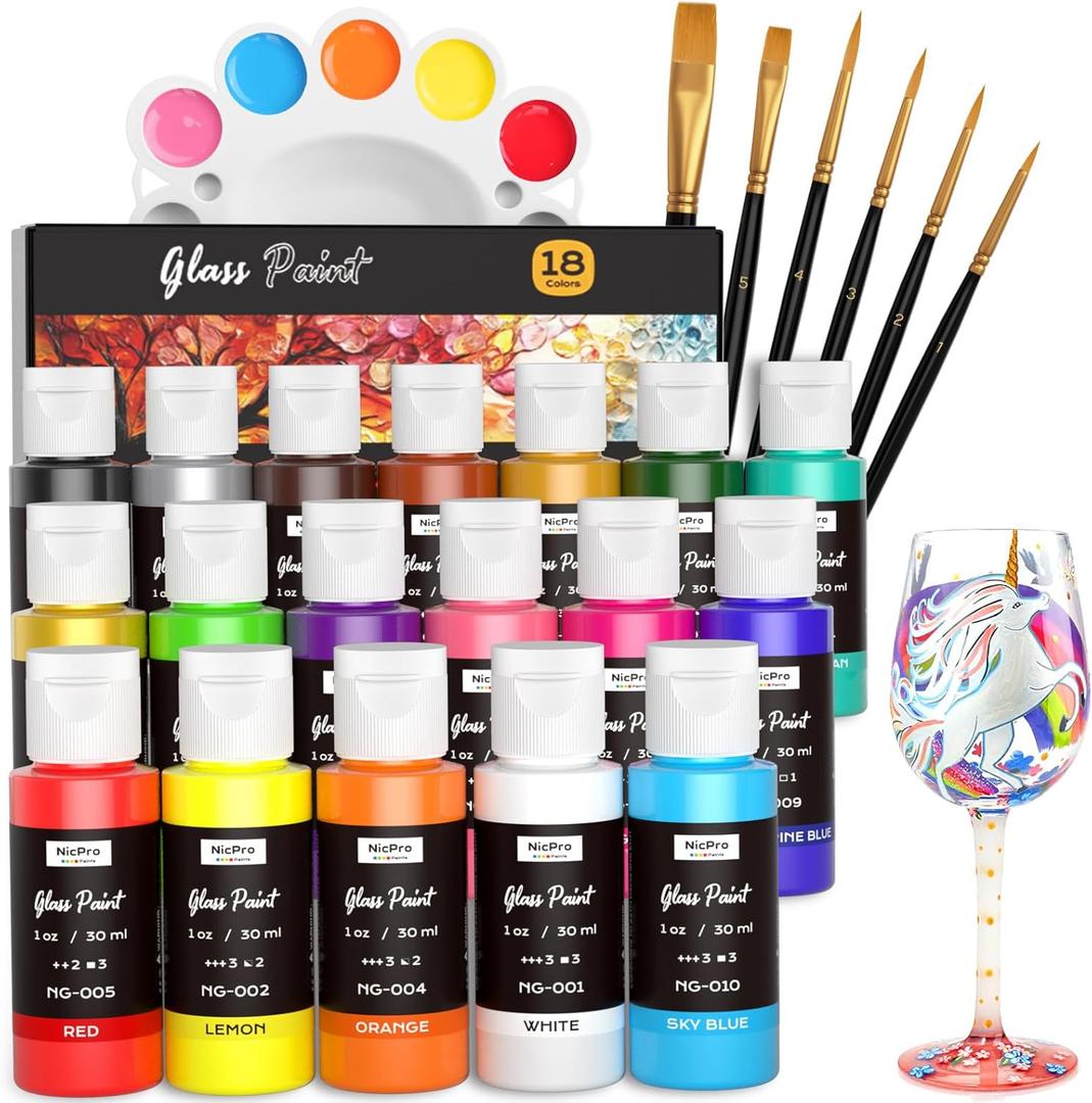 Nicpro 18 Colors Stained Glass Paint Set, 1oz / 30ml Waterproof Acrylic Enamel & Ceramic Glass Painting Kit for Arts on Transparent Glasses Jars Windows with 6 Brushes & 1 Palette, Opaque Finish