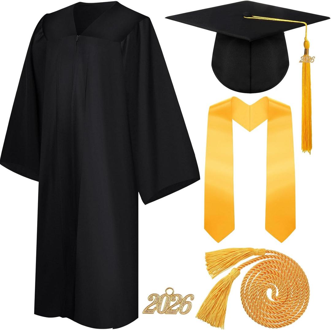 Syhood 4 Pieces 2026 Unisex Graduation Matte Gown Cap Tassel Stole Set Honor Cord for Graduation (Black), 48'', Fits Height 5'3-5'5''