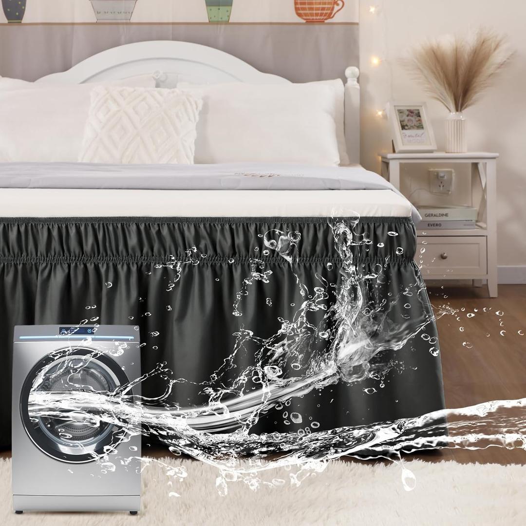 Vocander Wrap Around Black Queen Size Bed Skirt 14 Inch Drop, Elastic Dust Ruffle Easy to Put On, Solid Bedskirt Polyester Fabric Machine Washable Dryable and Ironable