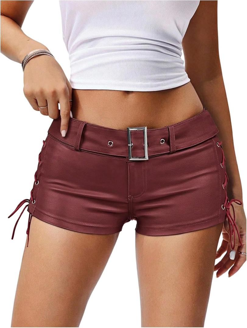 MakeMeChic Women's PU Leather Micro Shorts Lace Up Ruched Low Waist Belted Y2K Rave Going Out Shorts Concert Outfits (Burgundy, XS)