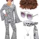 Jexine 7 Pcs 60s 70s Disco Outfits for Women Disco Party Costume Set Top Pants Sunglasses Ball Necklace Earring Wig Halloween (3X-Large)