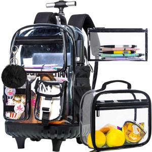 CCJPX Rolling Clear Backpack for Women, Heavy Duty PVC Transparent Wheeled Bookbag, See Through School Bags with Wheels for Teens Elementary Travel - Black
