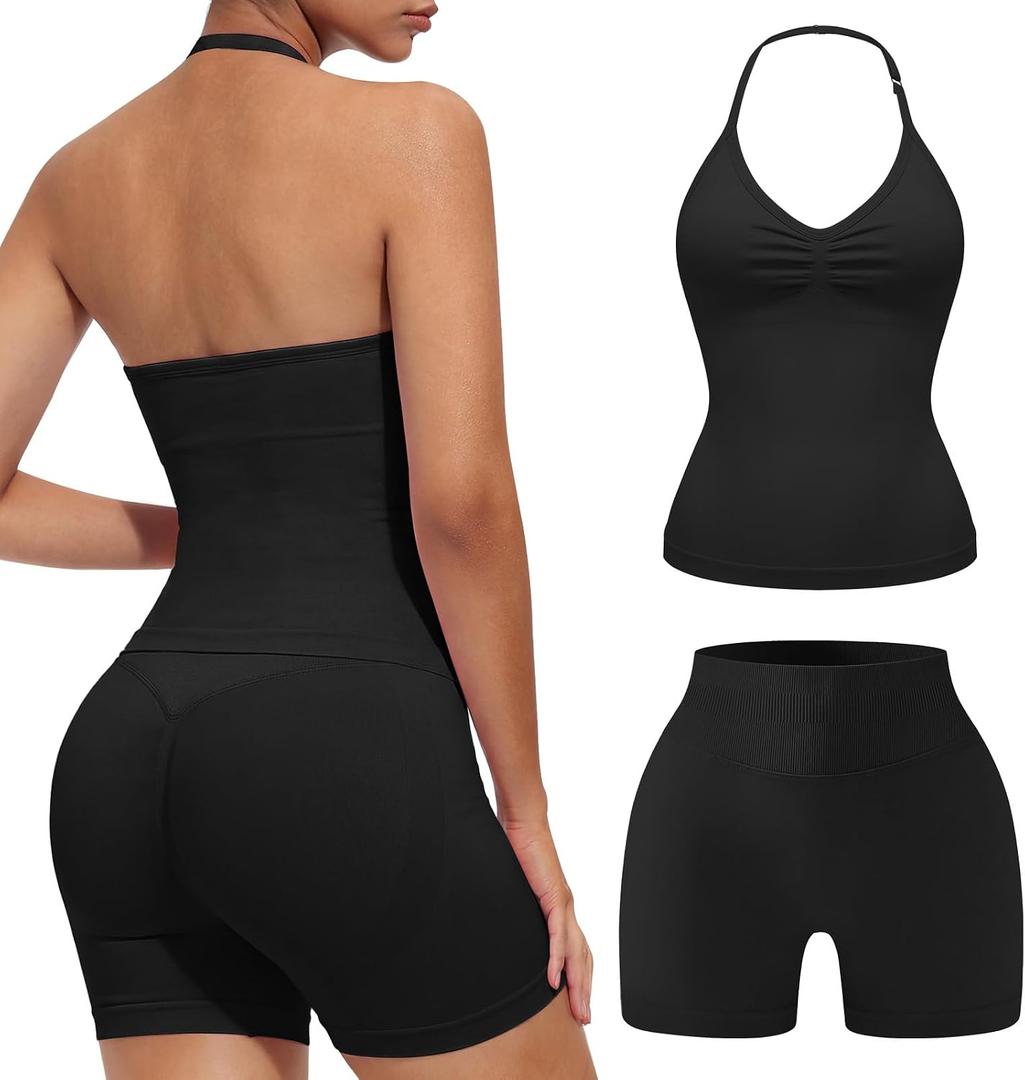 2 Piece Workout Sets for Women Halter Neck Tank Top Macthing High Waist Scrunch Butt Shorts Sets Gym Outfits, Small