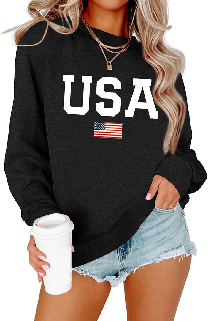 Dressmine Womens Crewneck Sweatshirt American 4Th of July Shirt Loose USA Flag Tops Trendy Crewneck Pullover Black Small