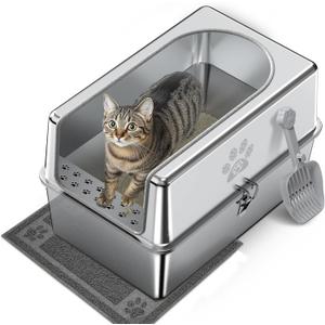Enclosed Stainless Steel Cat Litter Box with Lid, Metal Litter Box for Big Cats, Extra Large Cat Toilet with High Side, Non-Stick, Anti-Leakage, Odorless, with Cats Litter Mat & Litter Scoop (L-23.6"x15.7"x11.8")