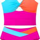 Doumlop Girls Swimsuit Color Block Girls Bathing Suit Twist Tankini Set Two Piece Girl Swimwear Bikini Set for 9-16 Years (Hot Pink)