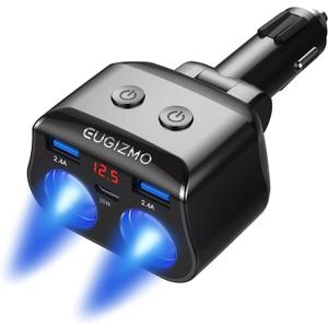 EUGIZMO Dual Car Charger Adapter, 200W Double Cigarette Lighter Adapter Outlet Dual Cigarette Lighter Plug Splitter USB Charger 12V Cigarette Lighter Socket Plug Splitter 2 Socket for Car