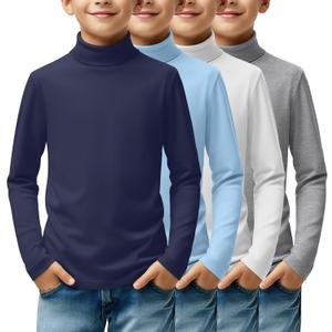 4 Pack Boys Turtleneck Long Sleeve Shirts Elastic Solid Warm Basic Football Baseball Undershirt Base Layering Tops (7-8 Years, Navy Blue, Sky Blue, White, Light Gray)