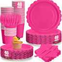 200Pcs Hot Pink Party Plates and Napkins, 9’’ Disposable Scalloped Hot Pink Paper Plates and 7’’ Hot Pink Dessert Plates Cups Napkins Forks Party Supplies for Birthday Party Decorations, Serves 40