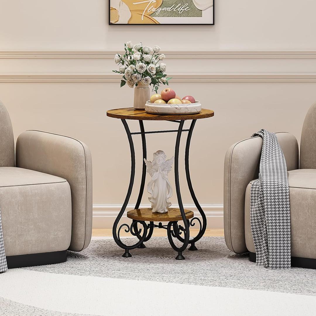 Side Table,Small Round End Table with Lower Shelf for Small Spaces, Portable Couch Sofa Coffee Table,Bedside Nightstand Table with Metal Frame,Retro Accent Drink Table for Living Room Bedroom Balcony