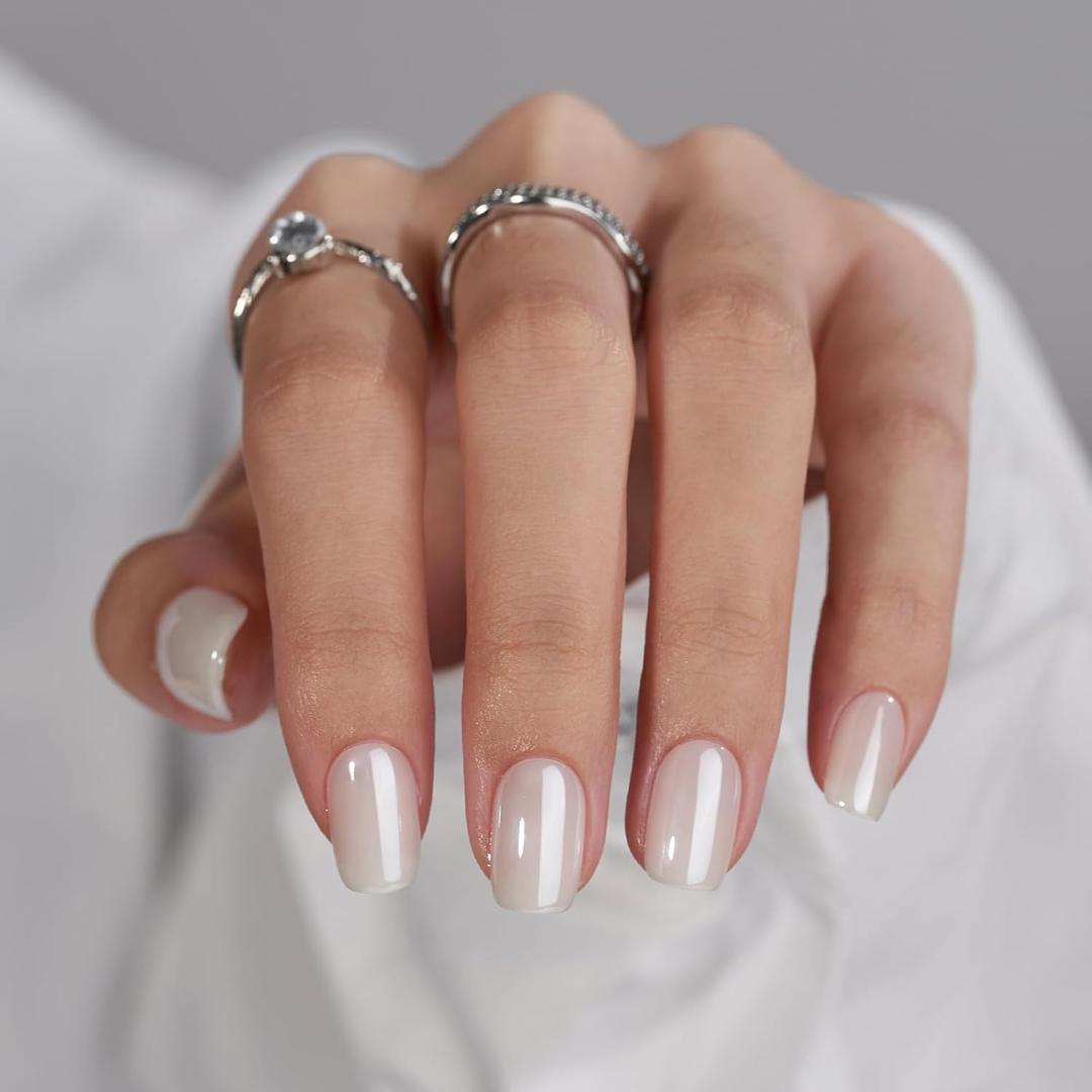 BTArtbox Press On Nails Short - White Soft Gel Press On Nail, Square Chrome Nail Tips Glue On Nails, Reusable Stick On Nails in 15 Sizes - 30 Soft Gel Fake Nails Kit, Vanilla Glazed