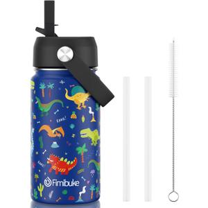 Fimibuke Kids Insulated Water Bottle, 14oz BPA FREE 18/8 Stainless Steel Travel Tumbler Double Wall Vacuum Leak Proof Kids Cup with Straw Metal Bottle for School Boys Girls(1 Pack, BLUE DINOSAUR)