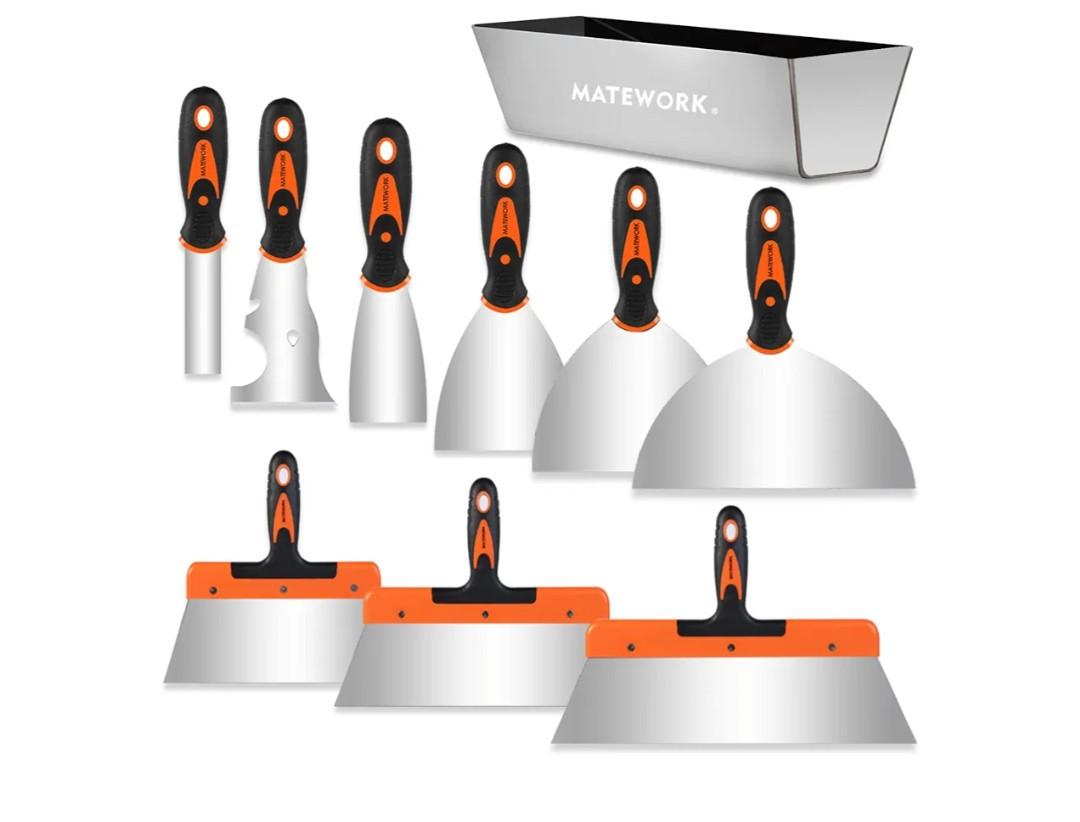 MATEWORK Putty knife,10 Piece Stainless Steel Paint Scraper Tool Set,14" Mud Pan for Repairing Drywall, Removing Wallpaper, Applying Putty, Plaster, Cement, Adhesive
