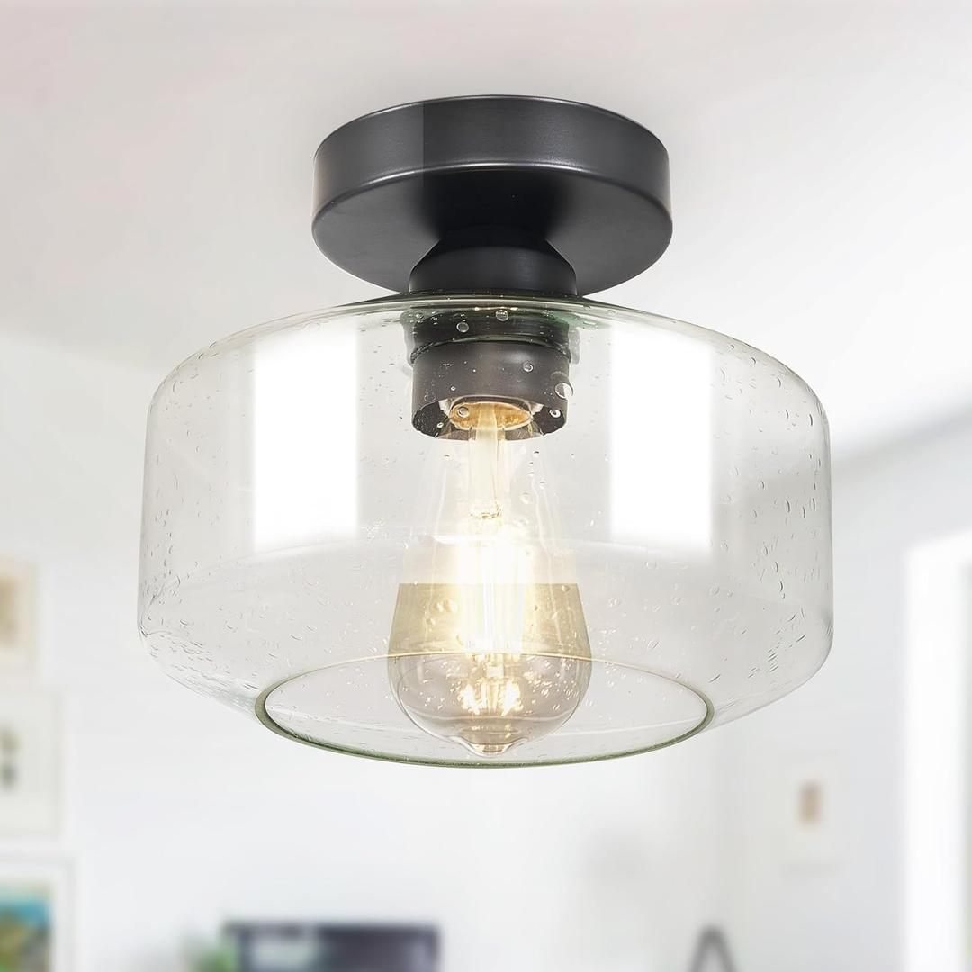 Industrial Semi Flush Mount Ceiling Light: Black Seeded Glass Kitchen Lighting Fixtures Ceiling - Vintage Hallway Light Fixtures E26 Bulb Included - 8.46 Light Fixtures Mount for Foyer