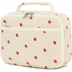 Bluboon Insulated Lunch Bag for Girls & Boys, Corduroy School Lunch Box with Cooler & Organizer Compartments, Leak-Proof Lunch Tote for School, Travel (Corduroy Strawberries Beige)