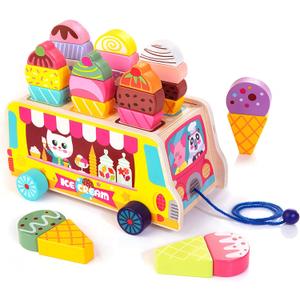 Wooden Ice Cream Truck, 28 pcs Magnetic Ice Cream Sweet Treats Pretend Play Food & Accessories, Montessori Sorting & Stacking Toys for Toddler Girls & Boys Age 2-5