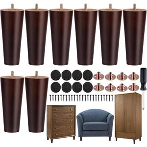 TURSTIN 8 Pieces Furniture Legs 6 Inches Round Solid Wood Furniture Feet with M8 T-Nuts Couch Legs Sofa Leg Replacement Leg for Armchair, Cabinet, Chair, Dresser or Home DIY Projects, Brown