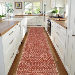 Wonnitar Moroccan Runner Rug, Washable 2'6"x10' Long Runner Rug for Hallway, Boho Farmhouse Non-Skid Kitchen Bathroom Runner Soft Low Pile Carpet for Entryway Laundry Living Room (Brown,2'6"x10')