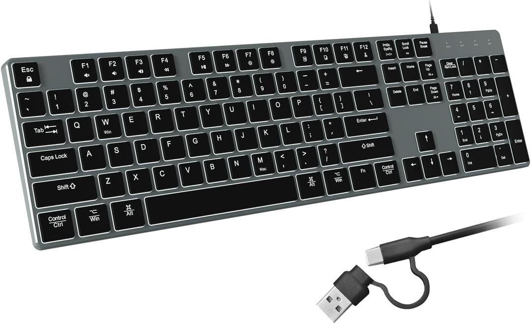 Wired Backlit Keyboard for Windows/Mac,Aluminum Slim & Quiet Full Size Keyboards Light Up with USB A/USB C Dual Interface,Compatible with iMac,MacBook,iPad,Laptop,PC-Gray Black