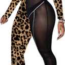 Uni Clau Women See Through Bodycon Jumpsuit - One Piece Deep V Neck Outfits Sheer Mesh Leopard Clubwear Jumpsuit Rompers (Medium)