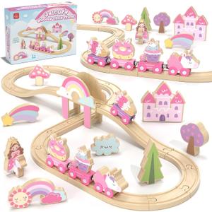 Lehoo Castle Wooden Train Set - Unicorn Train Set for Toddlers 2-4, Wooden Train Track Toddler Girl Toys, Pink Train Fantasy Toys for 3 4 5 6 7 Year Old Girl