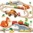 Lehoo Castle Wooden Train Set, Dinosaur Wooden Train Track Set, Wood Toy Train Set for Toddlers 2-4, Train Toys for Toddlers 3-5, Fits Thomas, Fits Brio, Fits Melissa and Doug