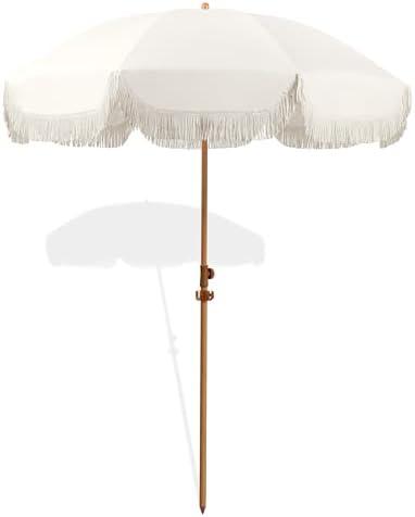 Seazul 7.5ft Patio Umbrella with Fringe, Beach Umbrella, Fringe Umbrella Outdoor Patio with Hanging Hook, Tilting Aluminum Pole, UV 50+, Fiberglass Ribs, Elegant Cream