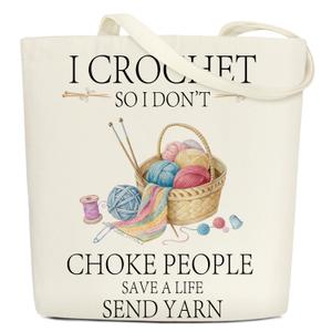 Funny Crochet Canvas Tote Bags for Women Aesthetic Gifts for Crochet Lovers Birthday Christmas Mother's Day Cute Cotton Tote Bag for Shopping Work Reusable Grocery Shoulder Bag with Wide Strap - DH702