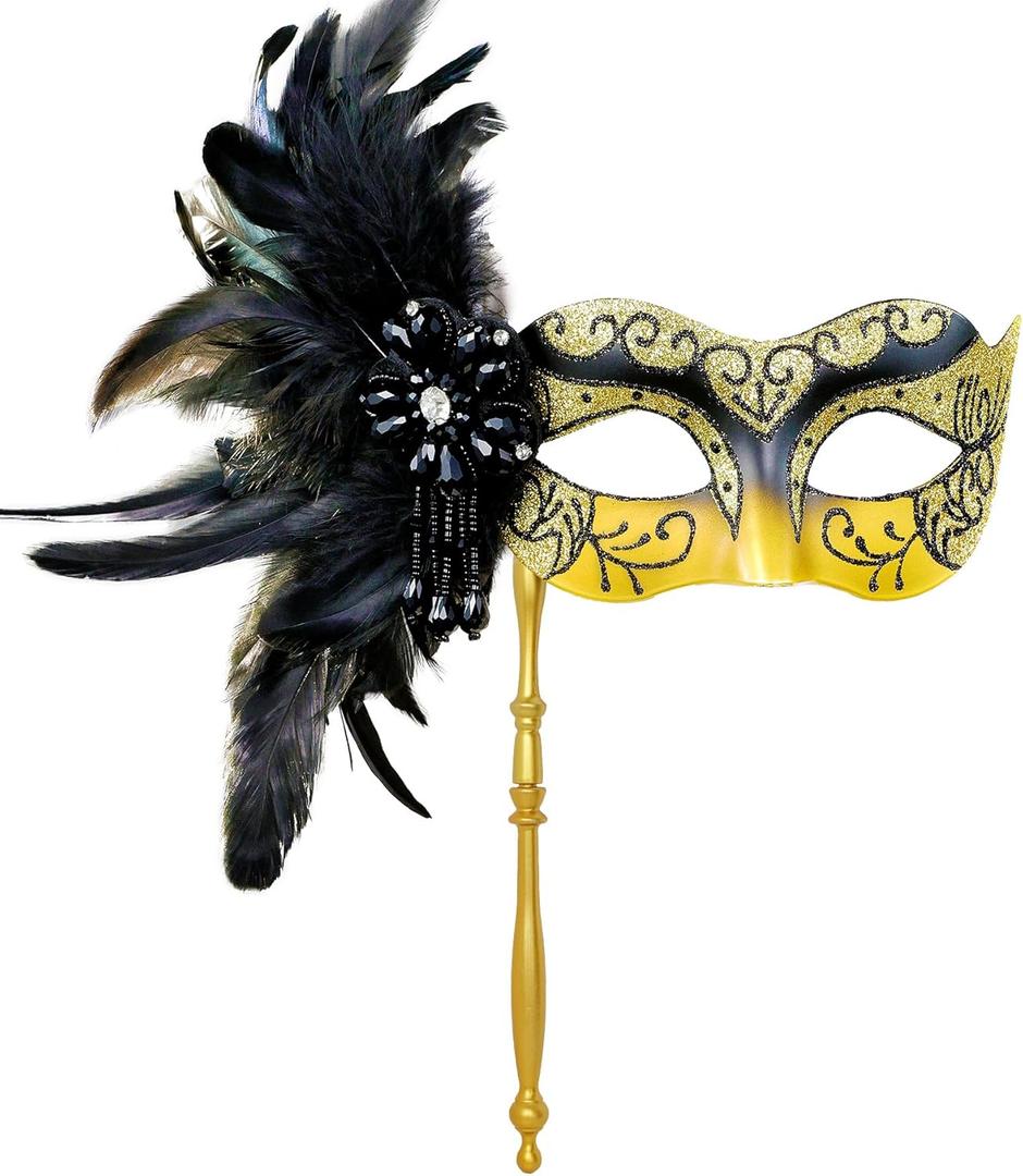2024 New Masquerade Mask for Women with Stick - Shiny Women's Feather Mardi Gras Venetian Mask for Costume Accessory