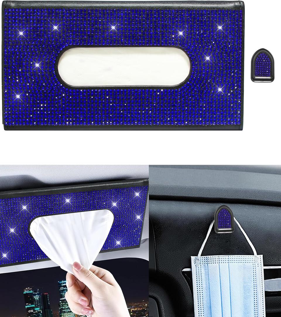 Bling Car Sun Visor Tissue Box Holder,PU Leather with Bling Crystal Rhinestones Tissue Holder,Car Accessories for Women (Blue)