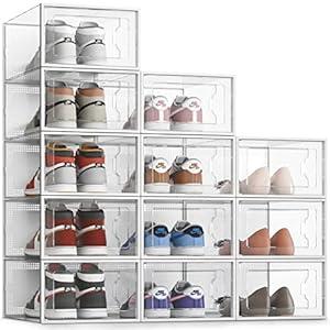 SEE SRPING XX-Large Shoe Storage Box Fit Size 14, Clear Plastic Stackable Shoe Organizer for Closet, Shoe Rack Sneaker Containers Bins Holders, Drawer Organize Unit, 12 Pack Clear