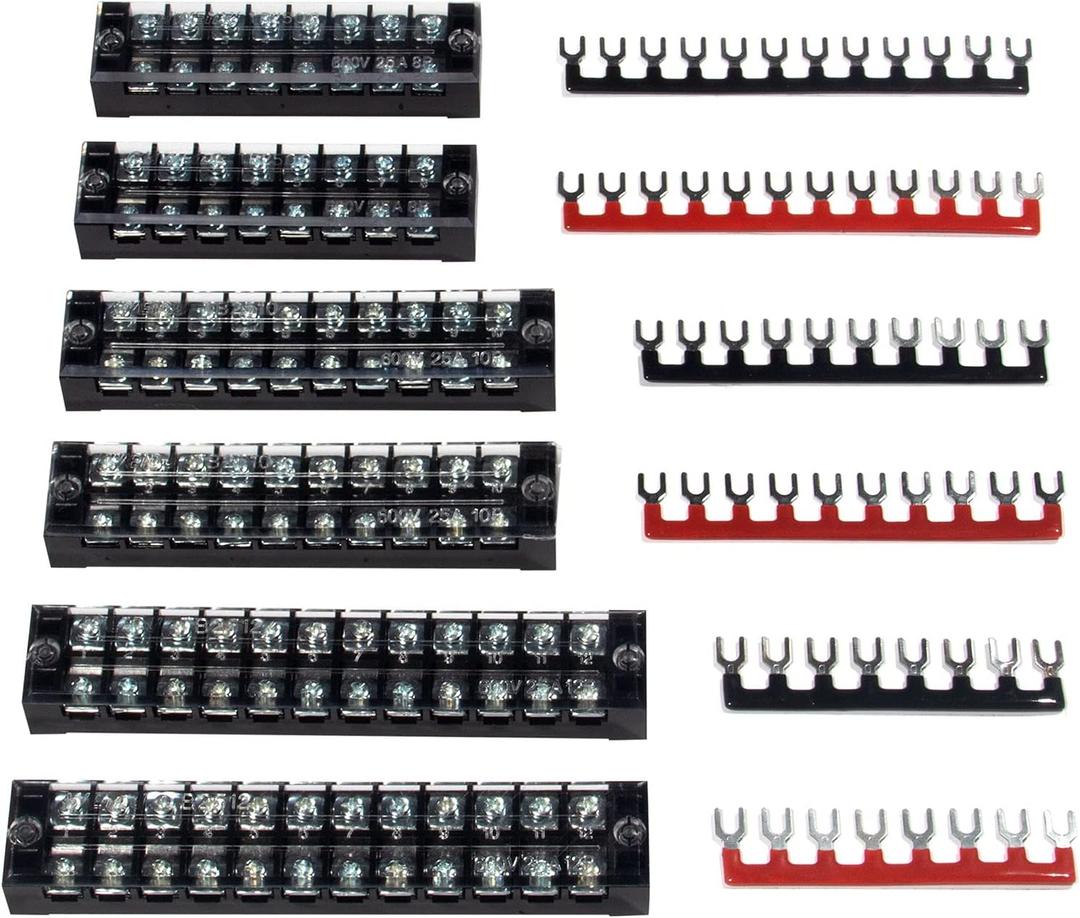 MILAPEAK Terminal Block and Strip - 6 Sets 8/10/12 Positions 600V 25A Dual Row Wire Screw Terminal Strip Block with Cover + 400V 25A Pre-Insulated Terminals Barrier Strips Jumpers (Black & Red)