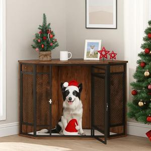 YITAHOME 52" Corner Dog Crate Furniture, Wooden Dog Kennel with Dog Cushion, Dog Kennel Corner Wooden End Table for Small Medium Large Dogs, Brown