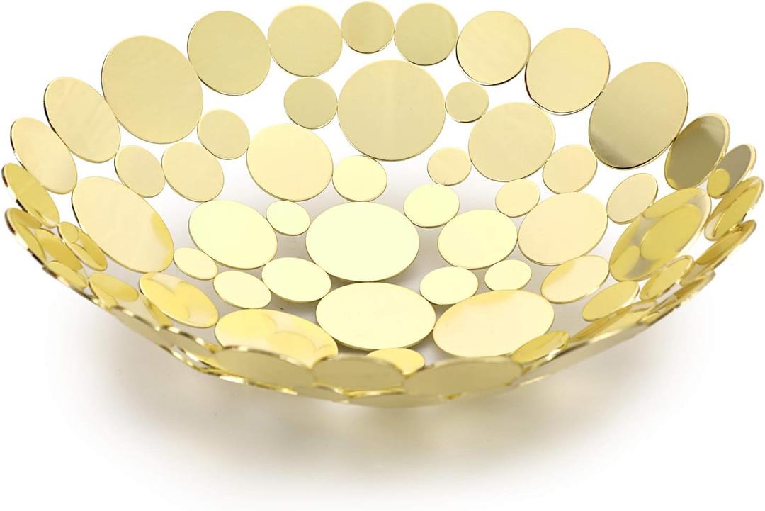 OwnMy Metal Fruit Bowl Basket Creative Table Centerpiece Fruit Stand Decorative Countertop Fruit Holder for Kitchen Counter, Iron Large Fruit Plate Round Storage Tray for Bread Snacks Candy (Golden)