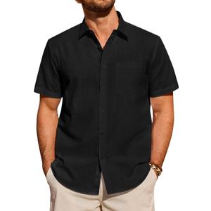Alimens & Gentle Mens Short Sleeve Cotton Linen Texture Shirt Casual Untucked Button Down Lightweight Shirts Summer Beach (Black, XL)