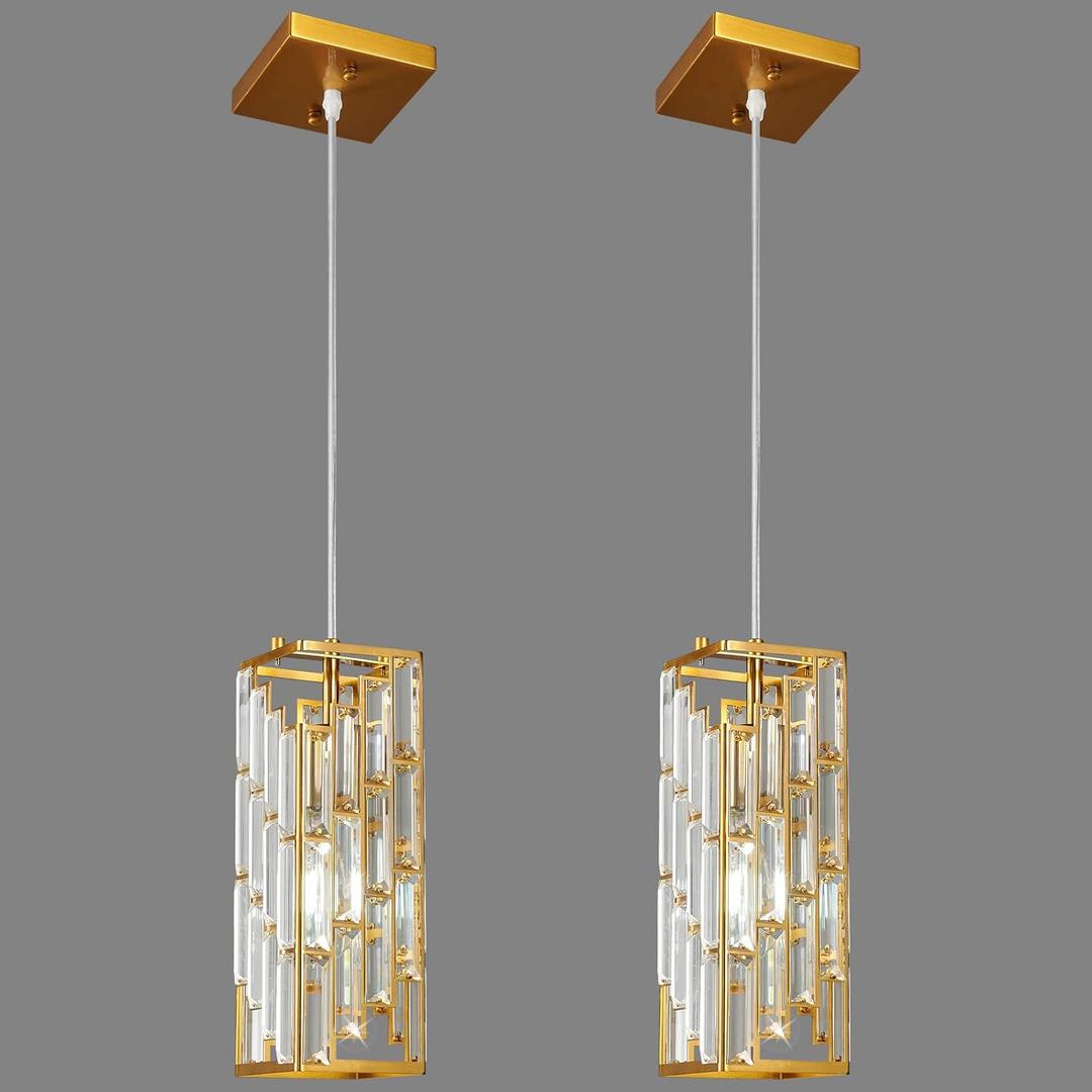 Gold Pendant Lighting Modern Pendant Light, Mini Crystal Chandeliers,Adjustable Pendant Light Fixture for Kitchen Island Dinning Room Bedroom (2 Pack)