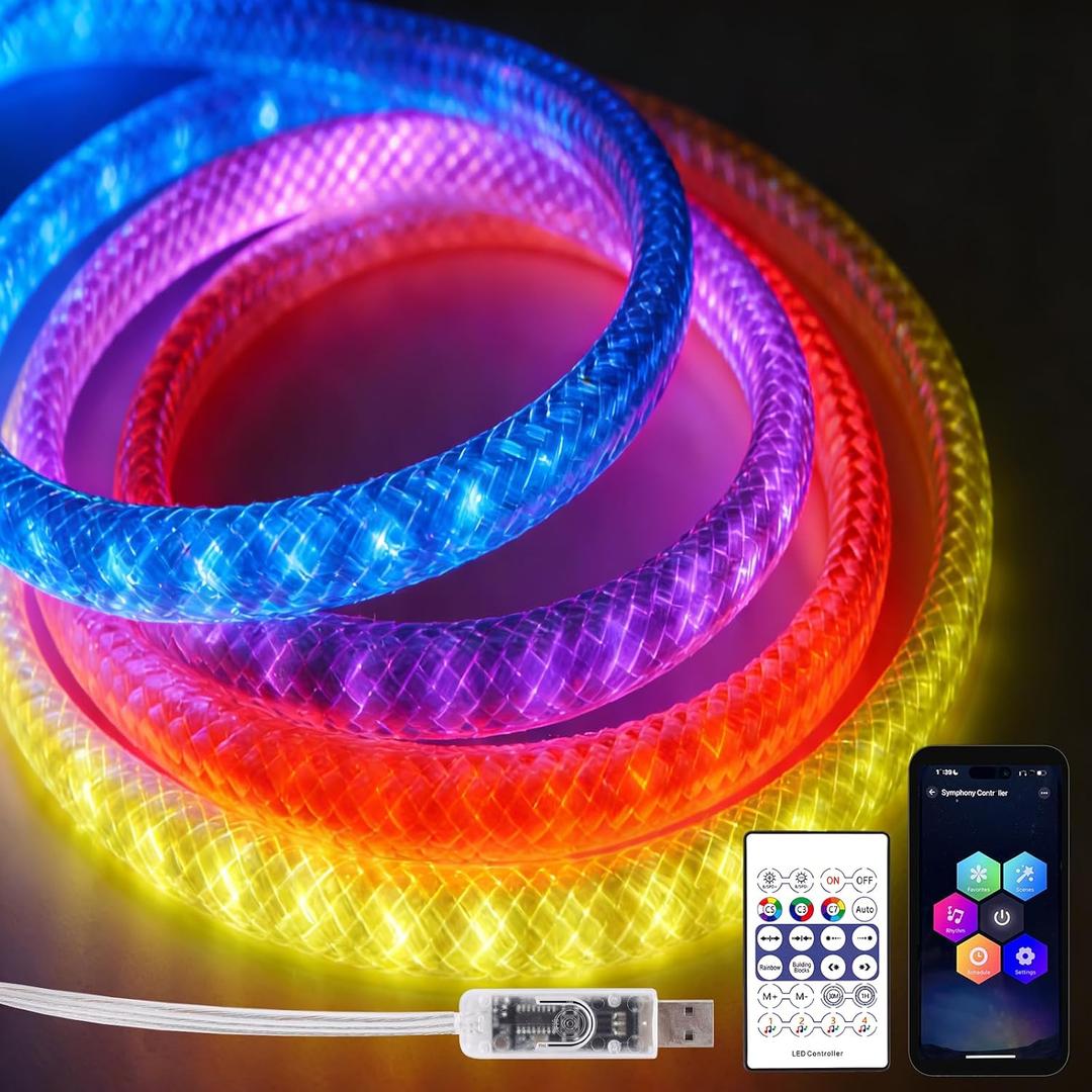 iNextStation 360 Glow USB Rope Lights 16.4FT RGB LED Lights, Braided Silicone Led Strip Lights, IP67 Waterproof, APP/Remote Control, Music Sync, Neon Lights Strip Color Changing for Outdoor/Indoor