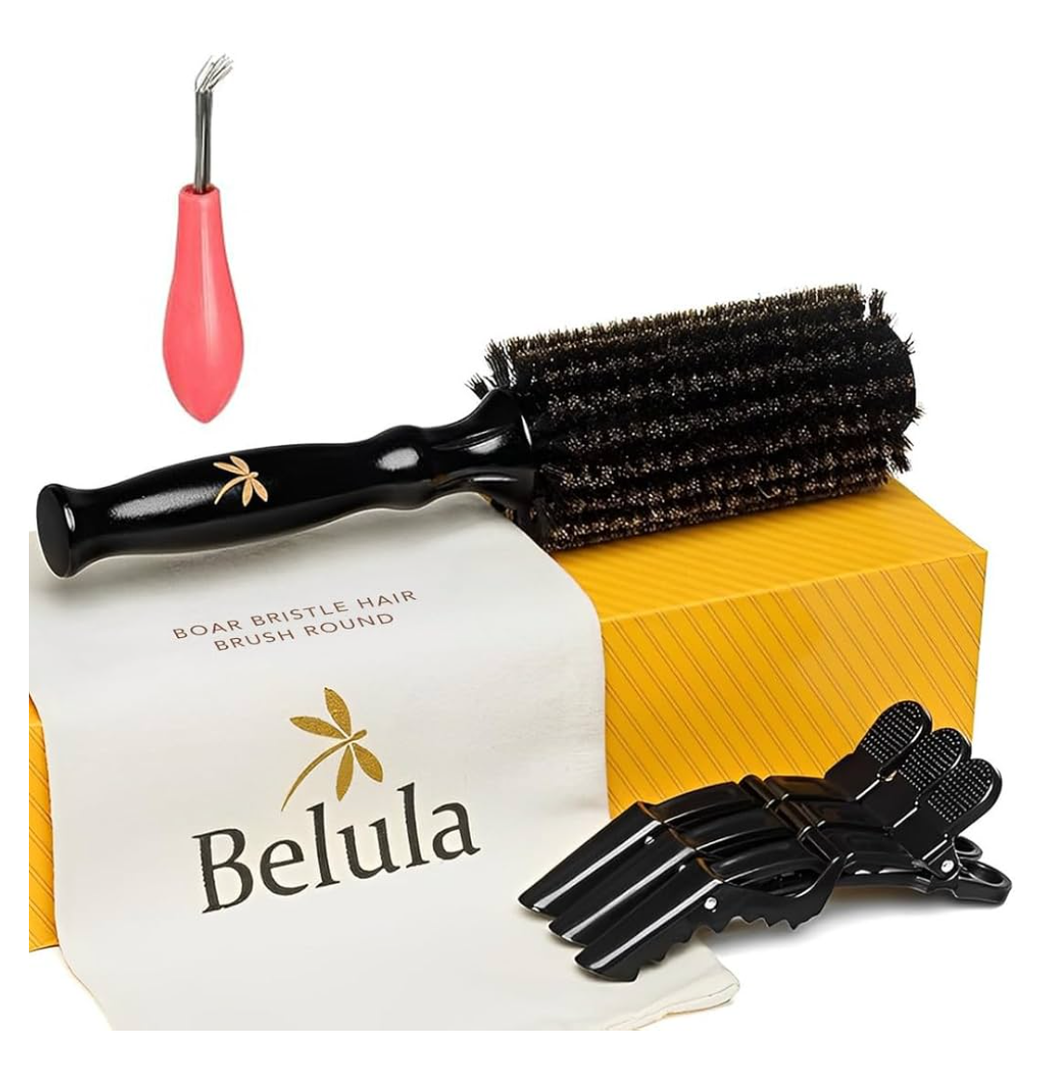 Belula 100% Soft Boar Bristle Round Brush for Blow Drying Set. Round Hair Brush With Small 1.6” Wooden Barrel. Hairbrush Ideal to Add Volume and Body. Free 3 x Hair Clips & Travel Bag.
