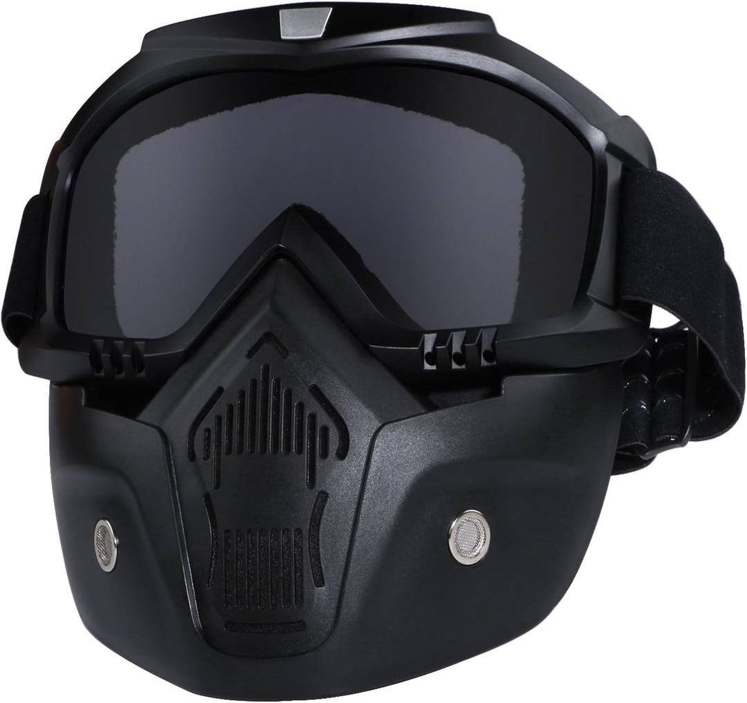 Motorcycle Helmet Riding Goggles Glasses with Removable Face Mask,Detachable Fog-Proof Warm Goggles Mouth Filter Adjustable Non-Slip Strap Vintage Bullet Fight Motocross (Black)