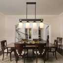 Farmhouse Dining Room Light Fixture, 4-Light Wood Kitchen Island Lighting for Dining Room Over Table, Black Adjustable Pendant Light with Milk Glass Shades, Linear Chandeliers Lighting for Kitchen