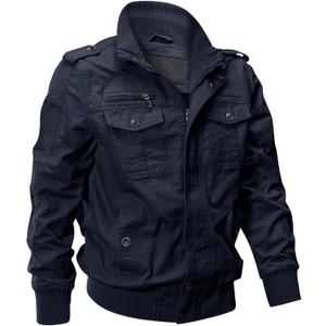 EKLENTSON Men's Cotton Lightweight Multi Pockets Zip Front Stand Collar Military Jackets Windbreaker (Medium, Navy Blue)