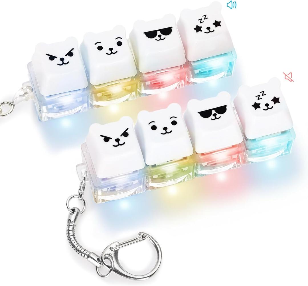 FunisFun 2 PCS Keyboard Fidget Toy Silent & Clicky Keyboard Keychain with LED Lights Detachable Bear Shape Clicker Fidget Toy for Adults Anxiety & Stress Relief (White, 4in1-2Pack)