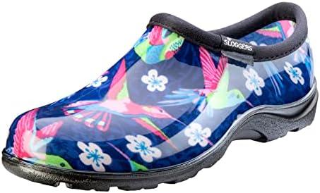 Sloggers Original Waterproof Rain and Garden Shoe for Women– Outdoor Slip-On Garden Clog - Made in The USA with Premium Comfort Insole and Arch Support - Blue/Pink Hummingbird Print, Size 9