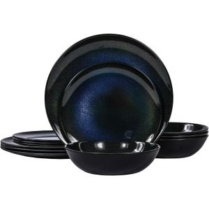Melamine Dinnerware Set, 12pcs Plates and Bowls Set, Blue Dinner Dishes Set for Indoor and Outdoor, BPA-Free, Dishwasher Safe（Blue Cosmic）