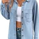 Sidefeel Women Denim Shirts Oversized Long Sleeve Button Down Blouse V Neck Casual Top Shackets (Large, Sky Blue)